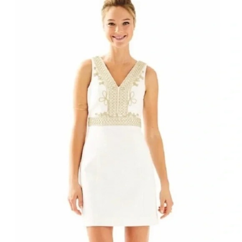 NWT Lilly Pulitzer Aveline Pique Cotton Shift Dress White Gold Soutache sz 0